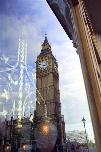 Reflection of Big Ben in Window, London, England