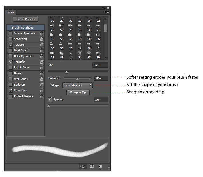 Erodible tip settings in the Brushes palette