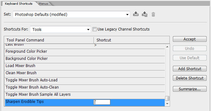 Setting a keyboard shortcut for the Sharpen Erodible Tips command