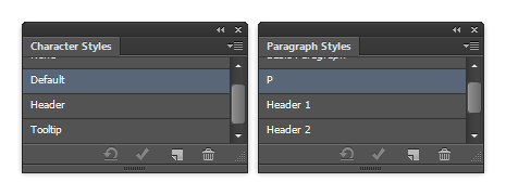Charactder and Paragraph Styles palettes