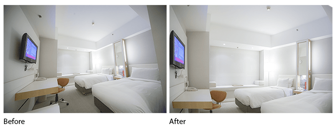 Before and after of the perspective and distortion corrections with the Adaptive Wide Angle filter