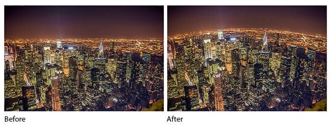 Before and after comparison of using the liquify tool to curve the horizon