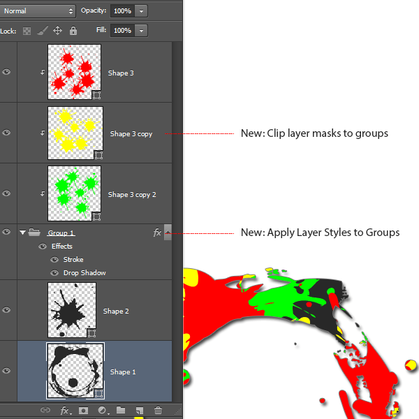 Applying clipping masks and layer styles to groups