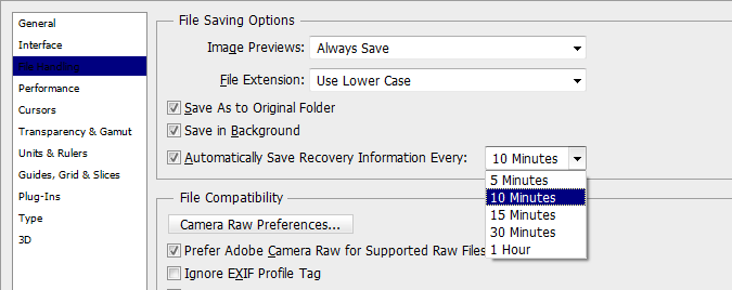 Changing Auto Save settings in the Preferences