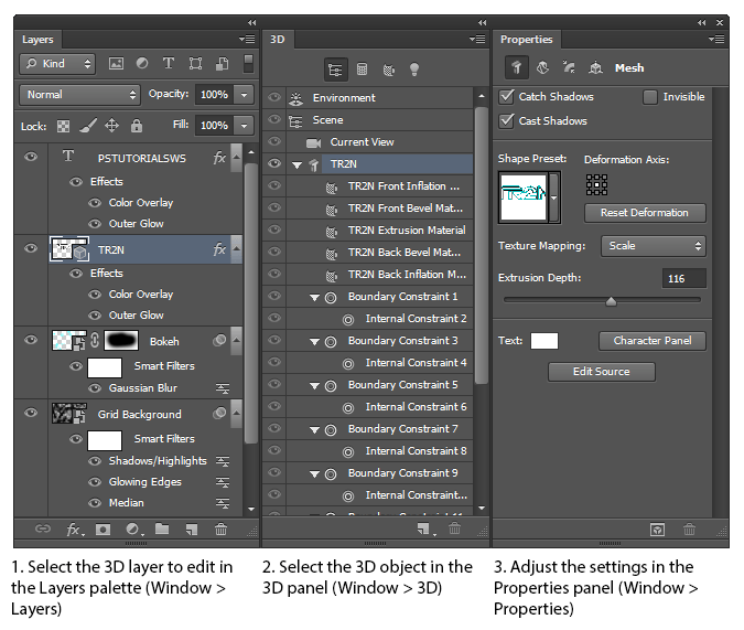 Process for editing the properties of 3D objects