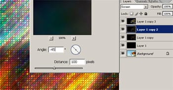 Using the Motion Blur filter on the layer second from the top. Using the Motion Blur filter on the layer second from the top.