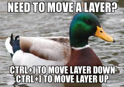 Need to move a layer? Ctrl+[ to move layer down; Ctrl+] to move layer up.