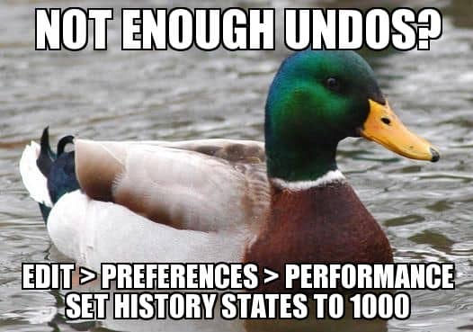 Not enough undos? Edit > Preferences > Performance. Set history states to 1000.