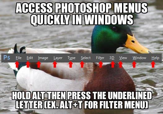 Access Photoshop menus quickly in Windows. Hold Alt then press the underlined letter (ex. Alt+T for Filter menu)