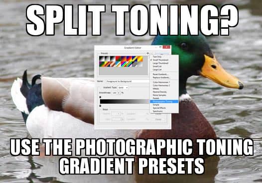 Split toning? Use the photographic toning gradient presets.