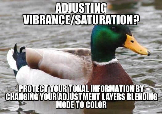 Adjusting vibrance/saturation? Protect your tonal information by changing your adjustment layers blending mode to color