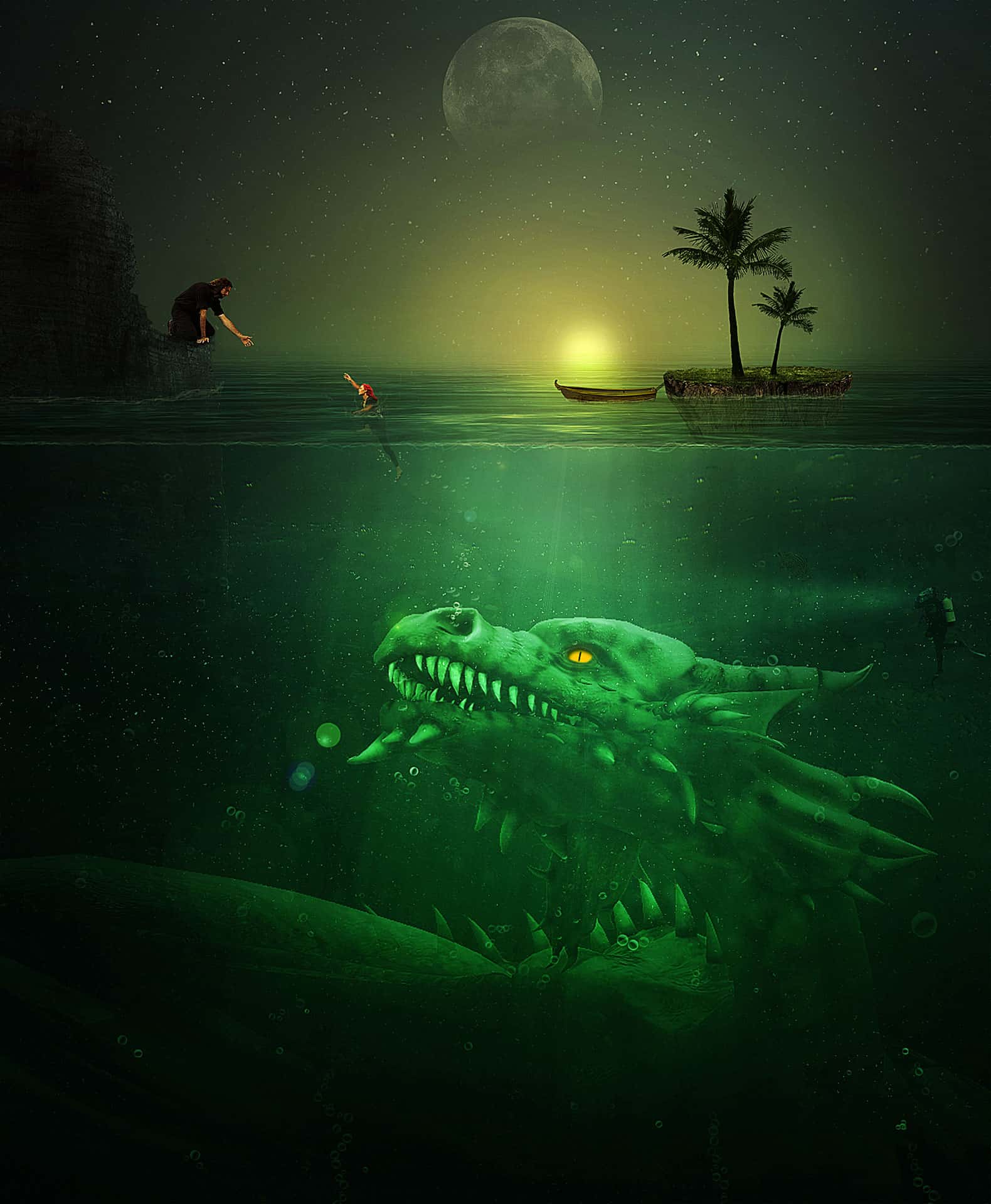 Create a Troublesome Underwater Scene with a Big Green Monster in Photoshop