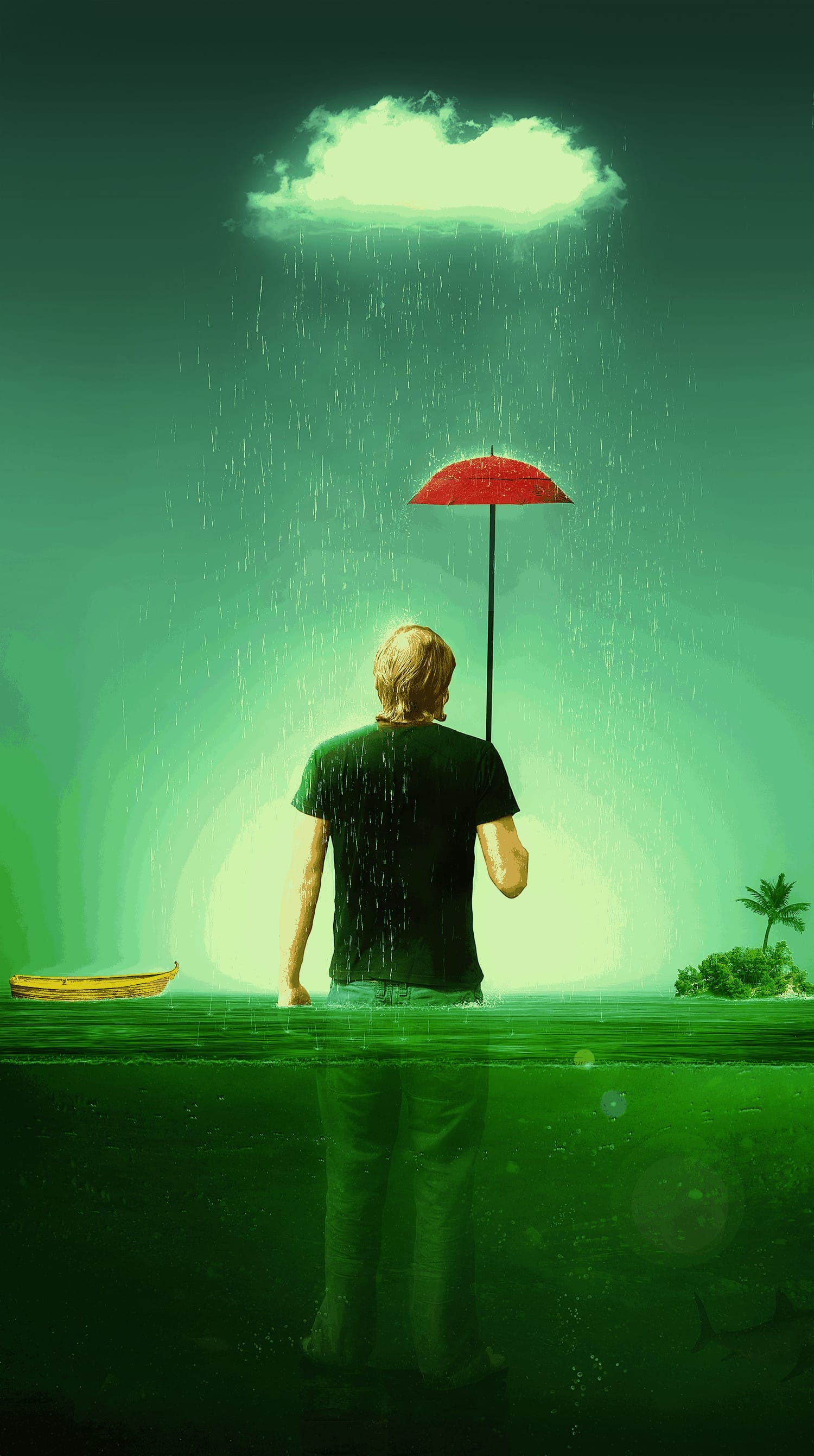 Create a Melancholic Scene of a Guy Standing in the Rain